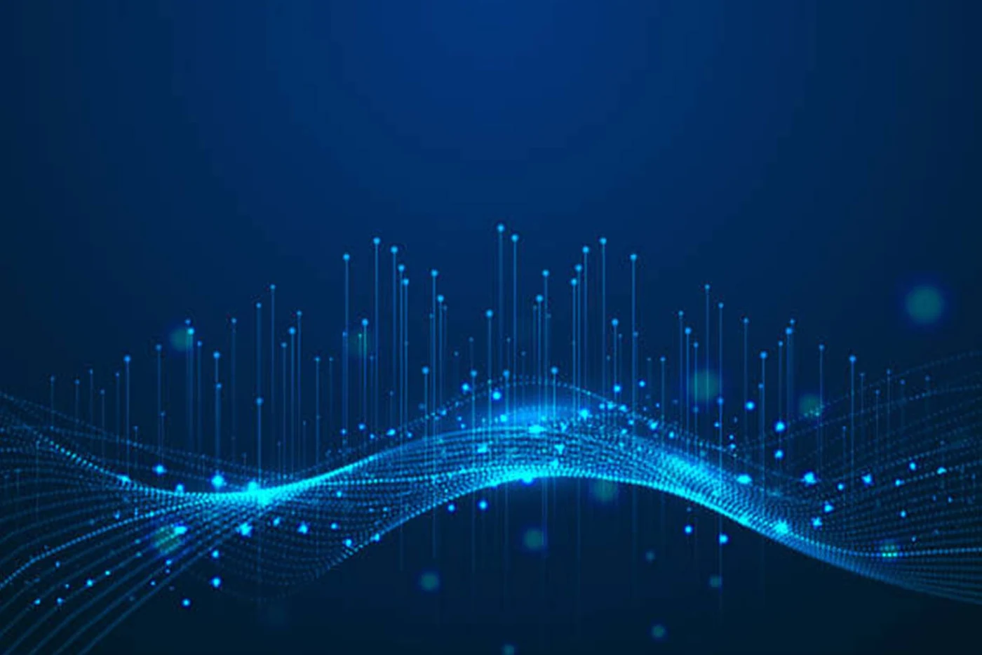 Blue particles and light paths forming a digital landscape