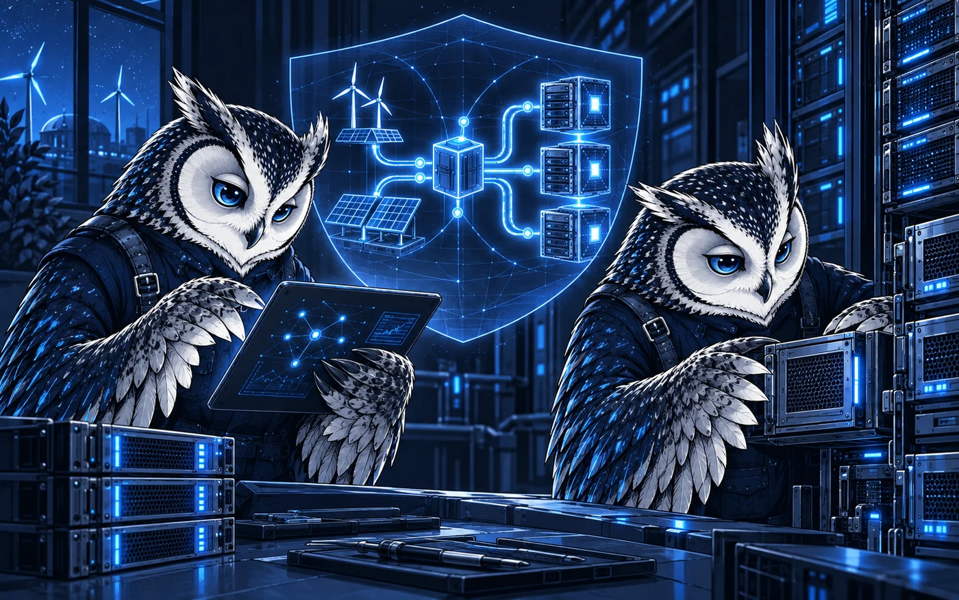 Comic owl engineers inspecting connected compute and energy infrastructure