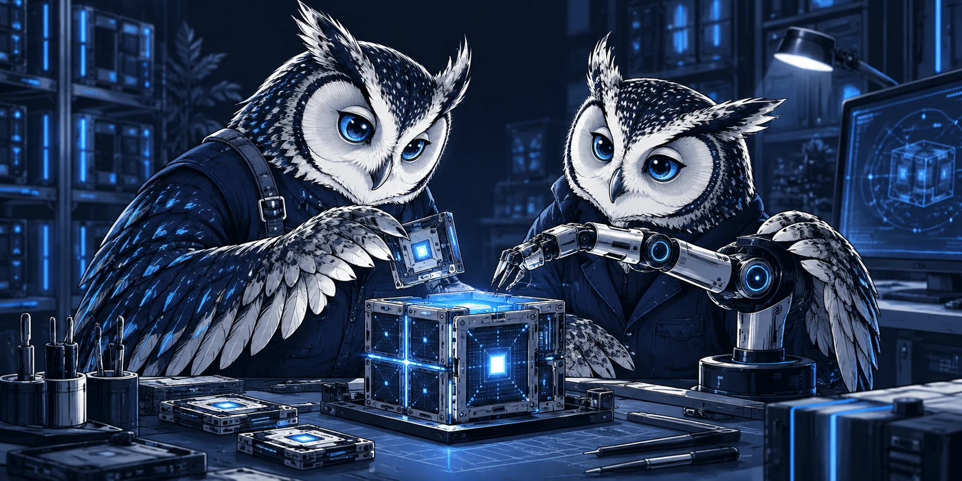 Comic-style owl engineers assembling an AI compute module with a robotic gripper