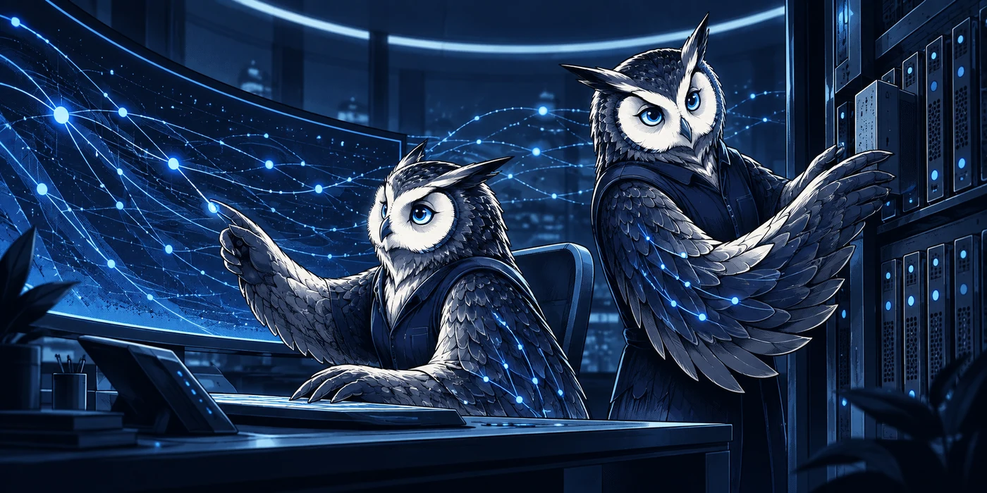 Comic-style owl operators coordinating connected systems at a control desk