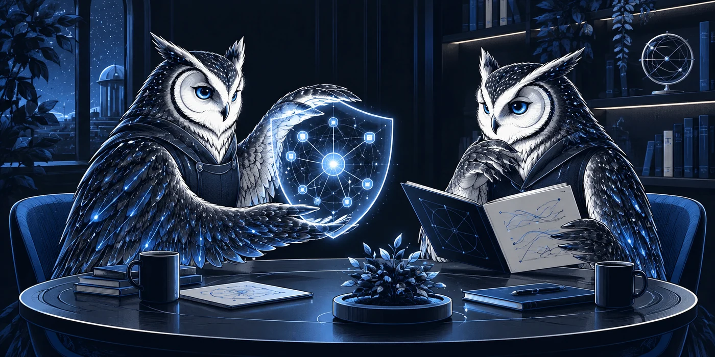 Comic-style owl colleagues reviewing safeguards around a knowledge network
